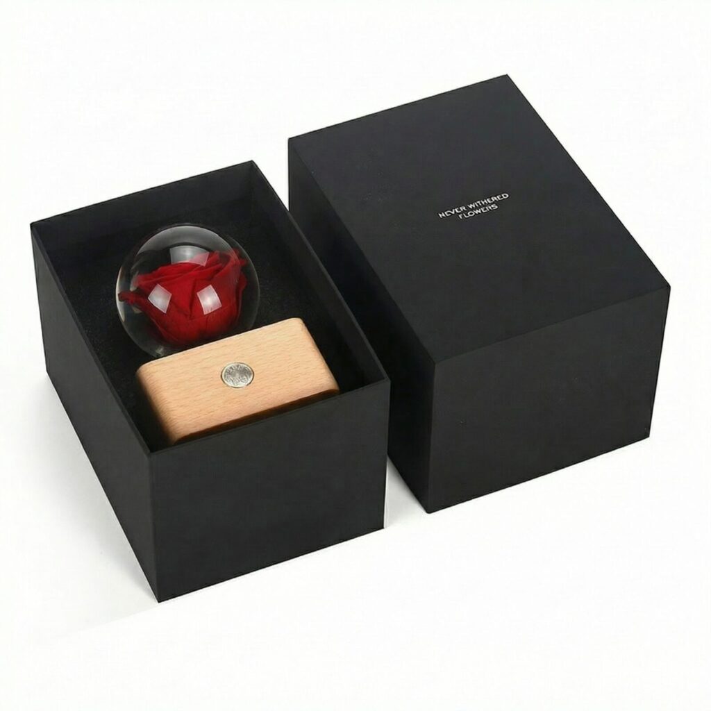 Eternal rose lamp multiple angles display showing resin sphere clarity, preserved red rose detail and wooden LED base