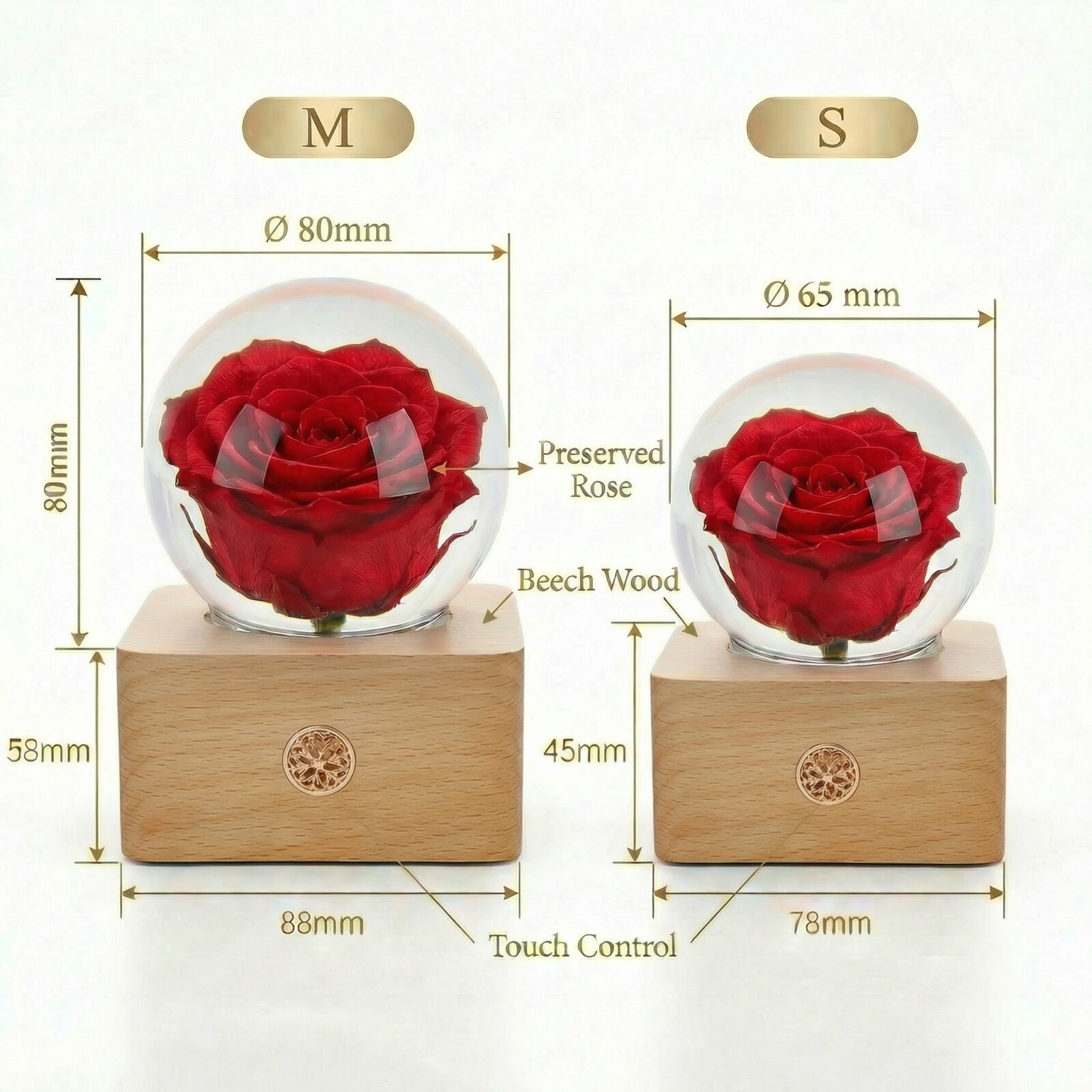 Eternal rose lamp with preserved red rose glowing in warm LED light on a wooden base as a perfect gift for her