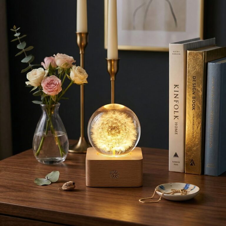 A preserved dandelion clock sealed in a clear resin sphere lamp