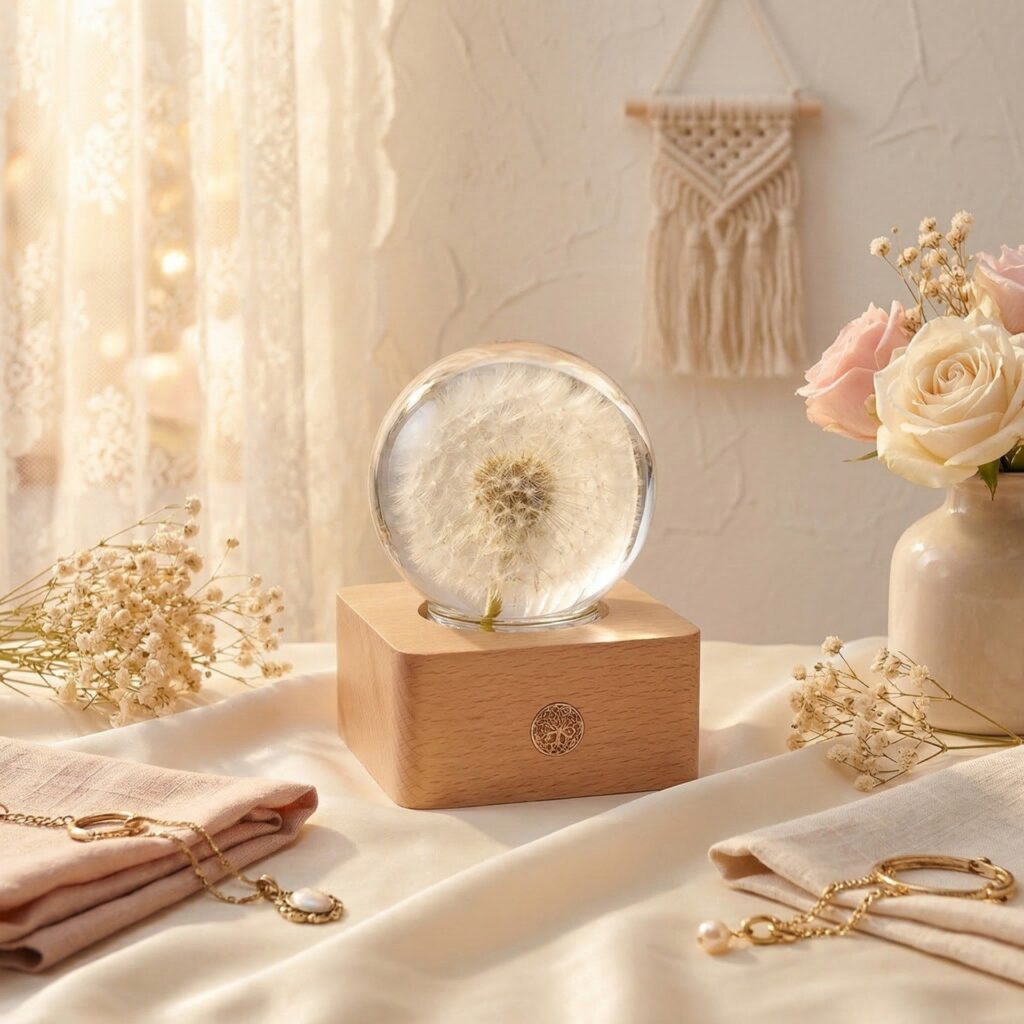 Dandelion lamp dreamy atmosphere in cozy bedroom setting with warm ambient light