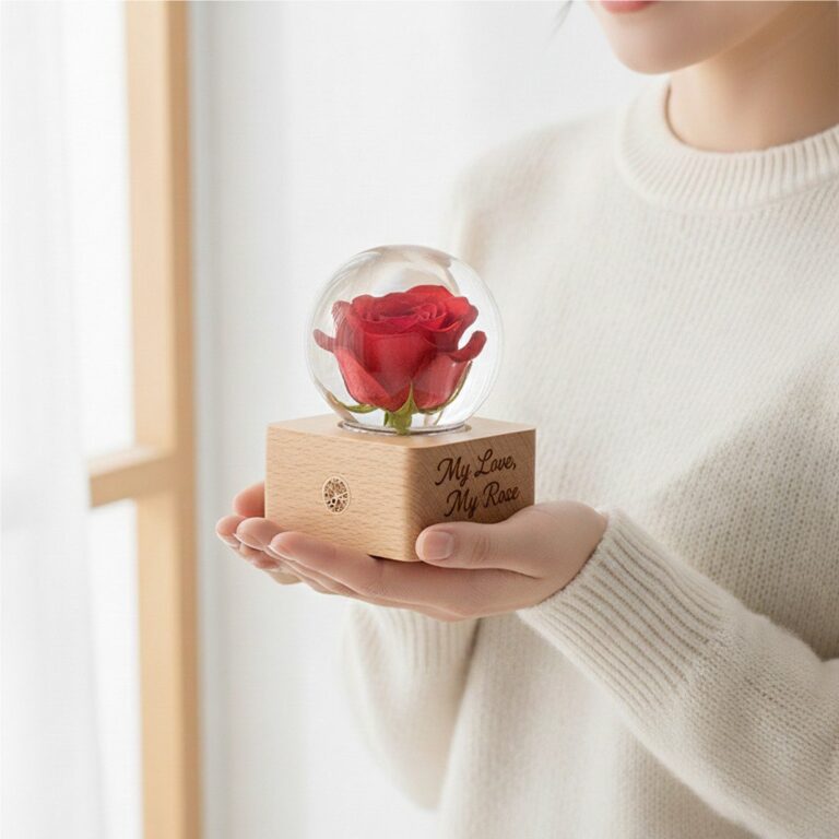 Preserved rose lamp photographed in warm light