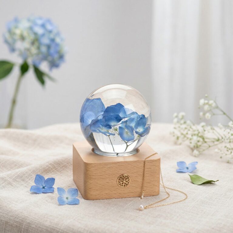 A blue hydrangea preserved flower lamp in daylight