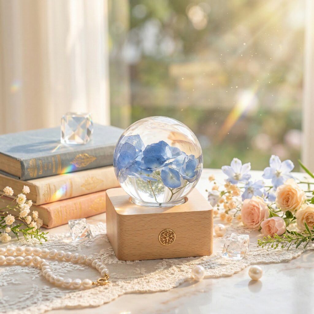 Blue hydrangea resin sphere night light glowing softly in a dreamy floral scene for cozy evening ambiance