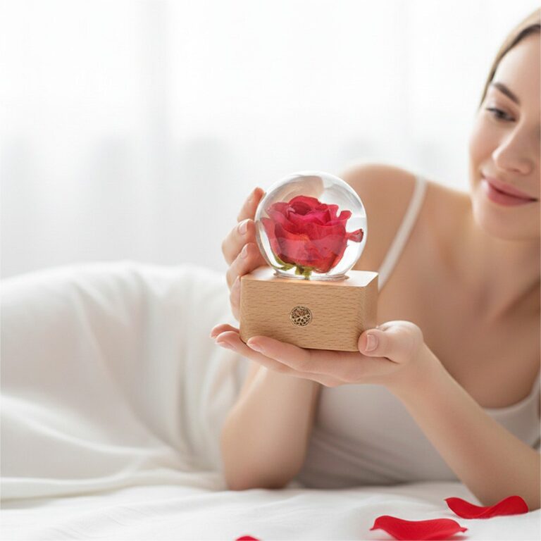 Eternal rose preserved flower lamp styled as a romantic gift scene with warm LED glow and crystal clear resin sphere