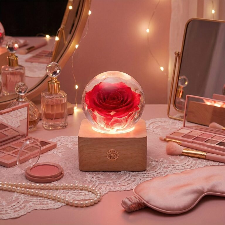 A preserved red rose lamp glowing in a dark room