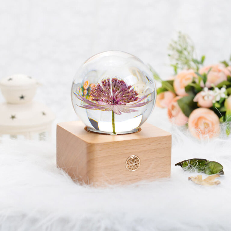 Close-up of a real preserved astrantia flower sealed inside a clear resin sphere