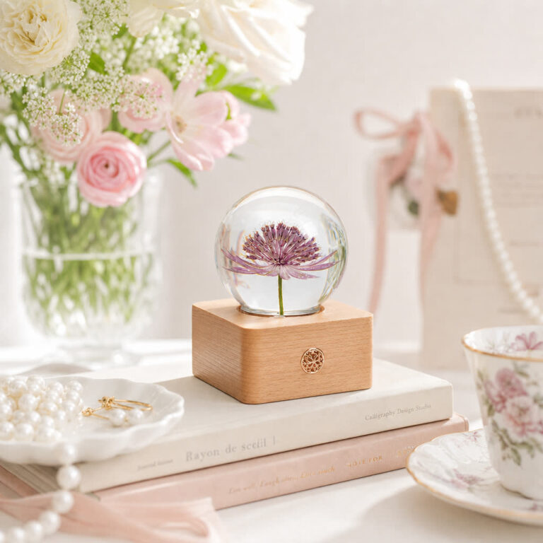 Astrantia flower lamp styled as elegant bedroom decor and a unique botanical gift for her