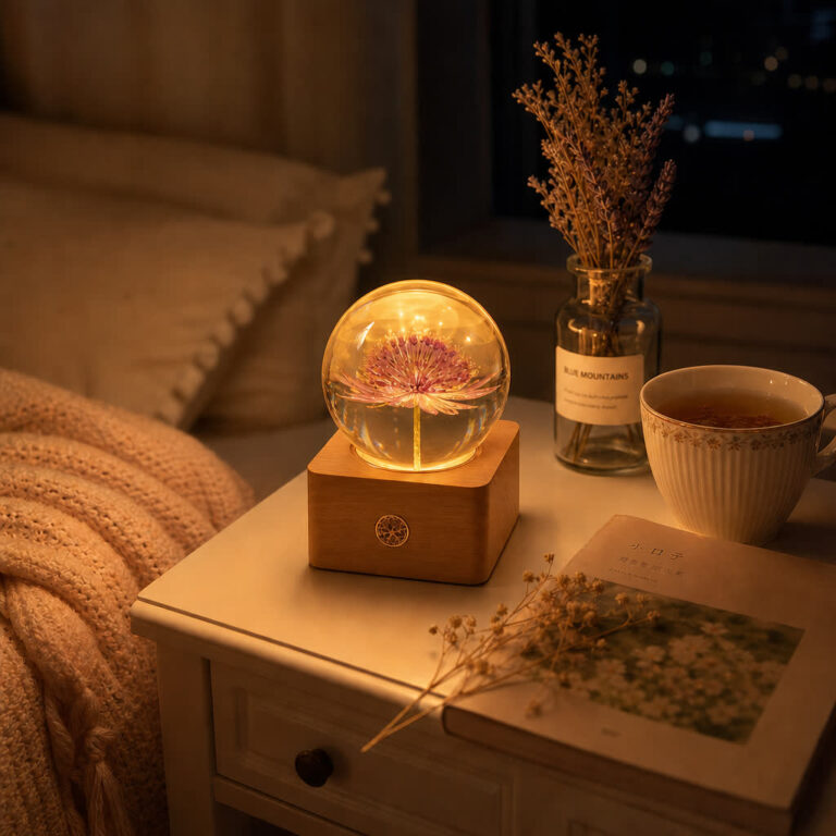 Astrantia preserved flower lamp glowing warmly inside a clear resin sphere on a natural wood LED base