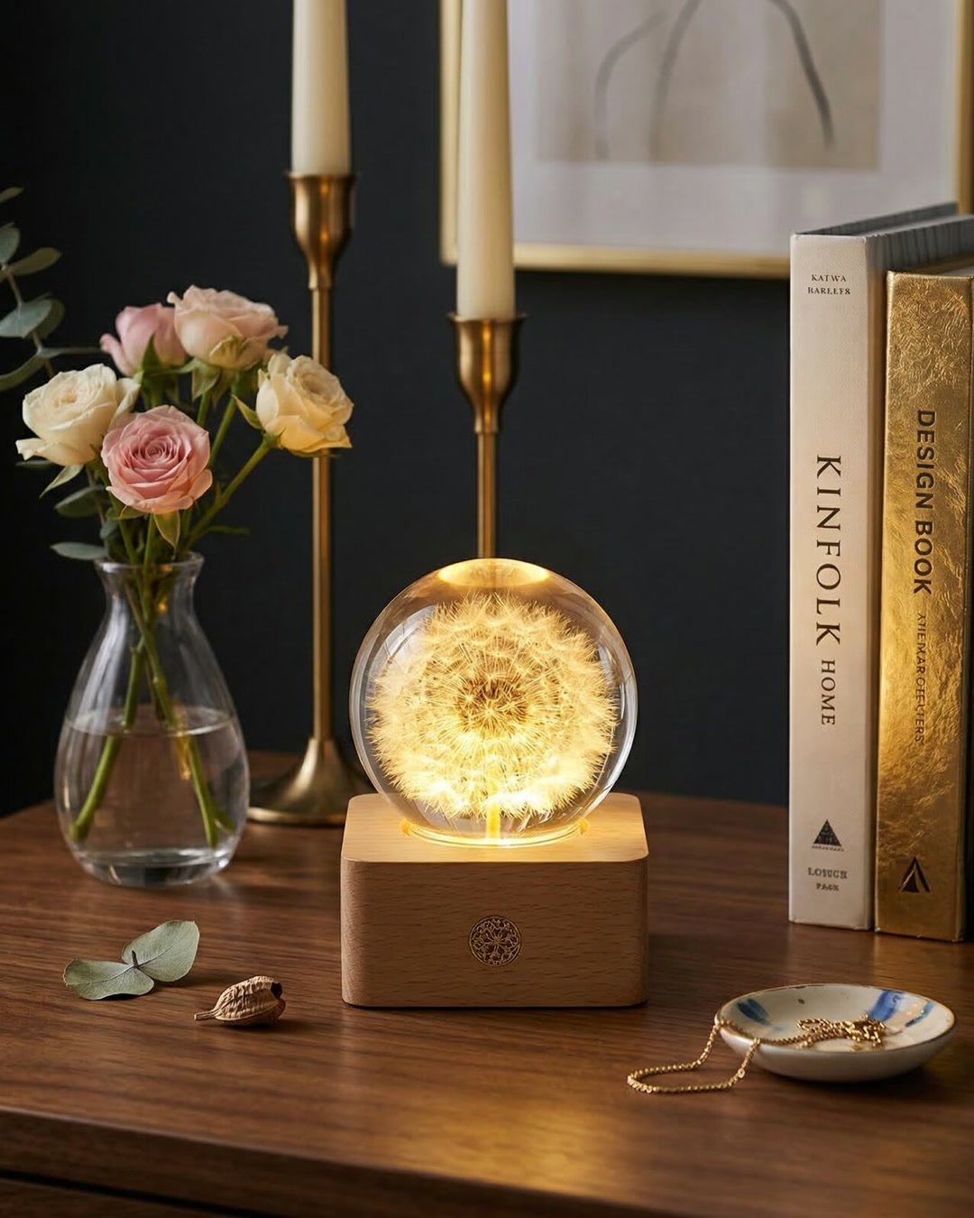 Dandelion resin flower lamp with a preserved seed head inside a clear sphere