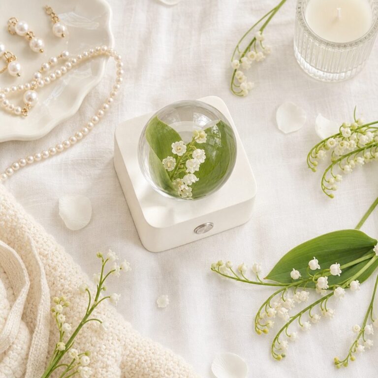Preserved lily of the valley flowers held in clear resin, lit from below