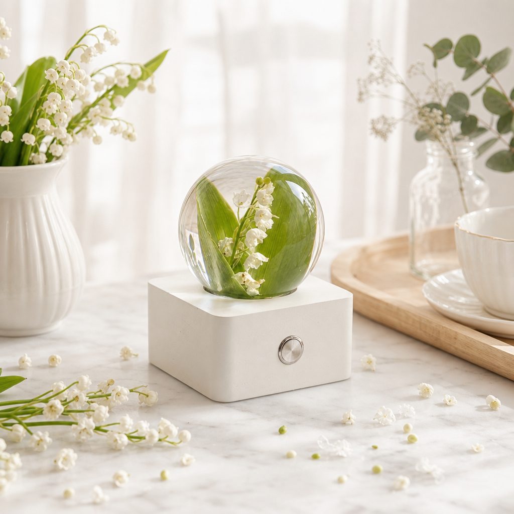 Lily of the valley flower speaker lamp in a fresh white daytime scene with green floral accents and clear resin sphere