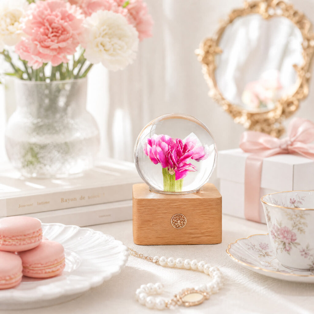 Pink carnation preserved flower lamp styled with gift box, teacup, macarons and pearls for Mother’s Day