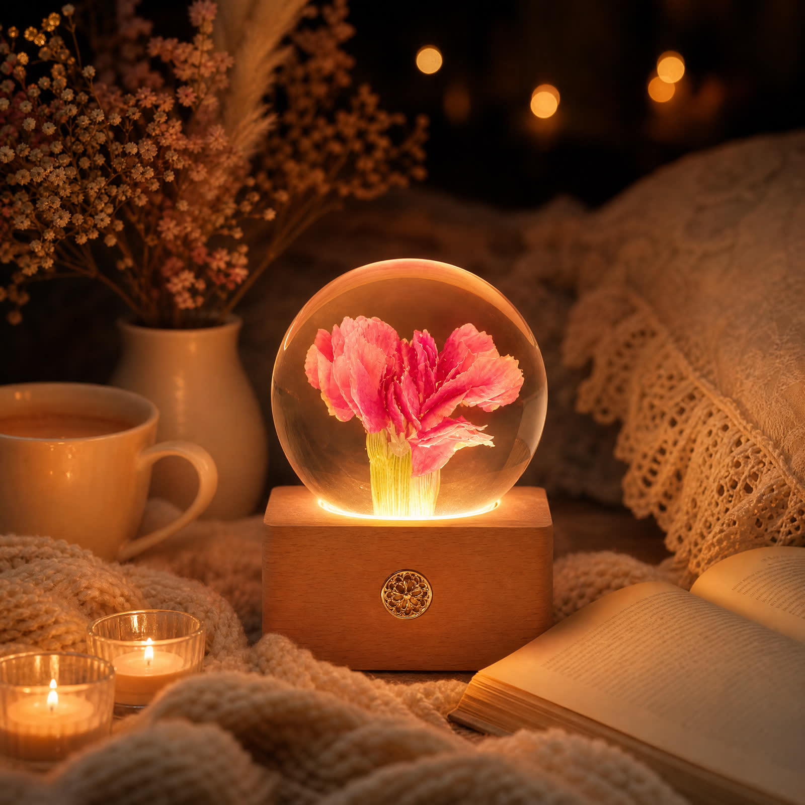Pink carnation preserved flower lamp glowing in a warm bedroom