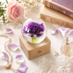 Purple carnation resin sphere lamp on a beech wood LED base styled as elegant bedroom decor