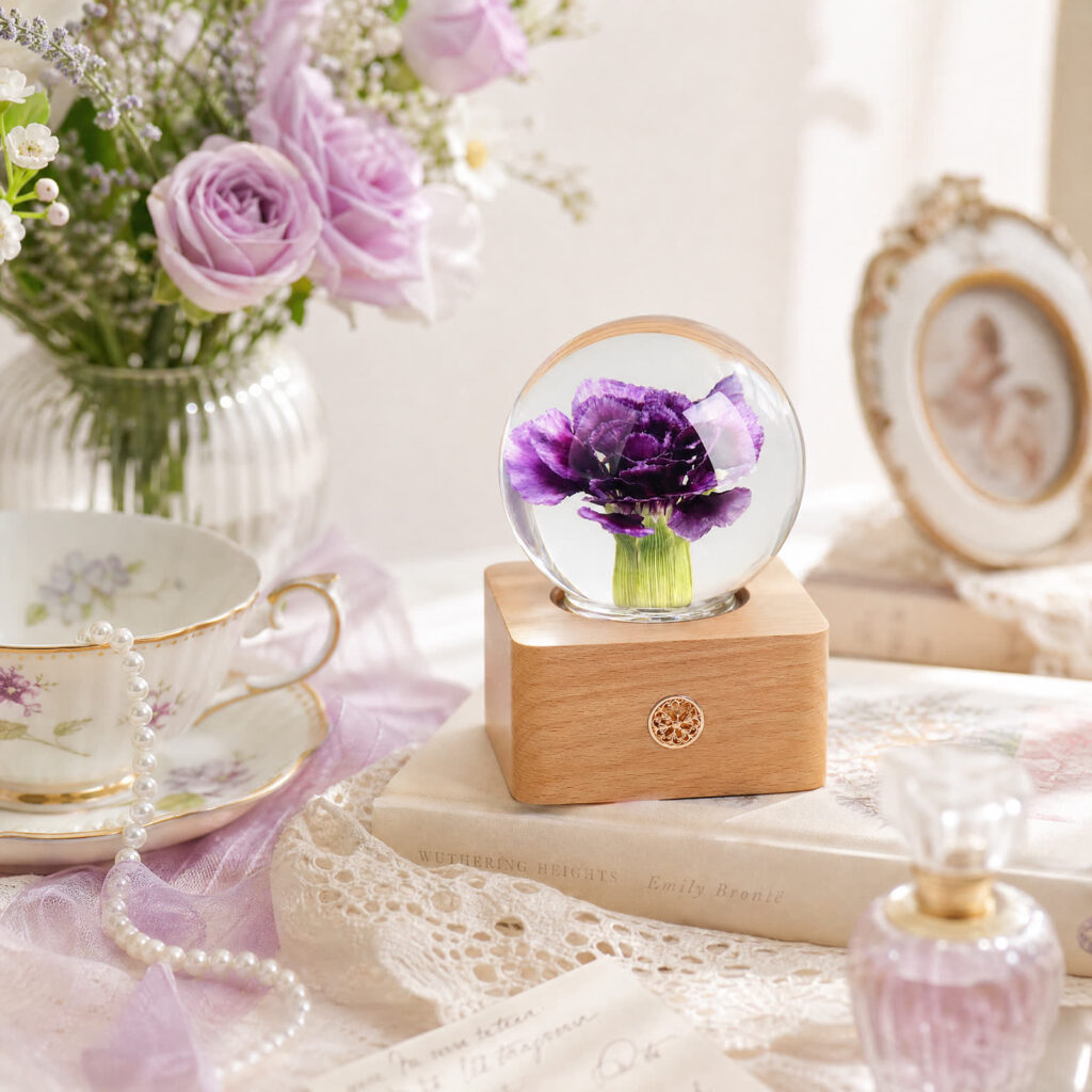 Purple carnation preserved flower lamp styled with soft gift decor as a romantic birthday gift for her