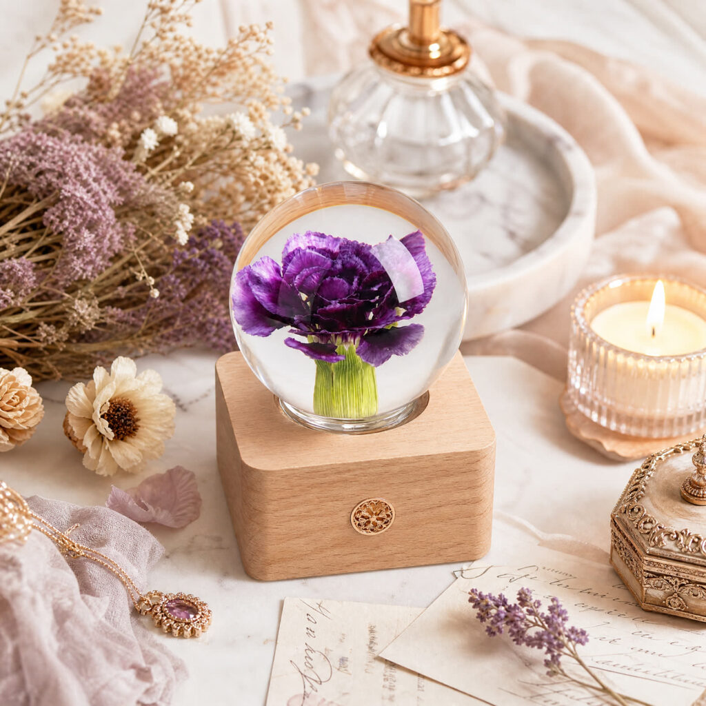 Close-up purple carnation preserved flower lamp showing petals, clear resin sphere and natural wood LED base