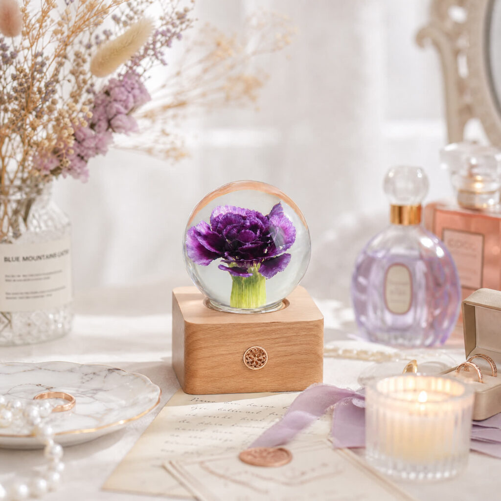 Purple carnation preserved flower lamp displayed as feminine vanity decor with warm light and clear resin detail
