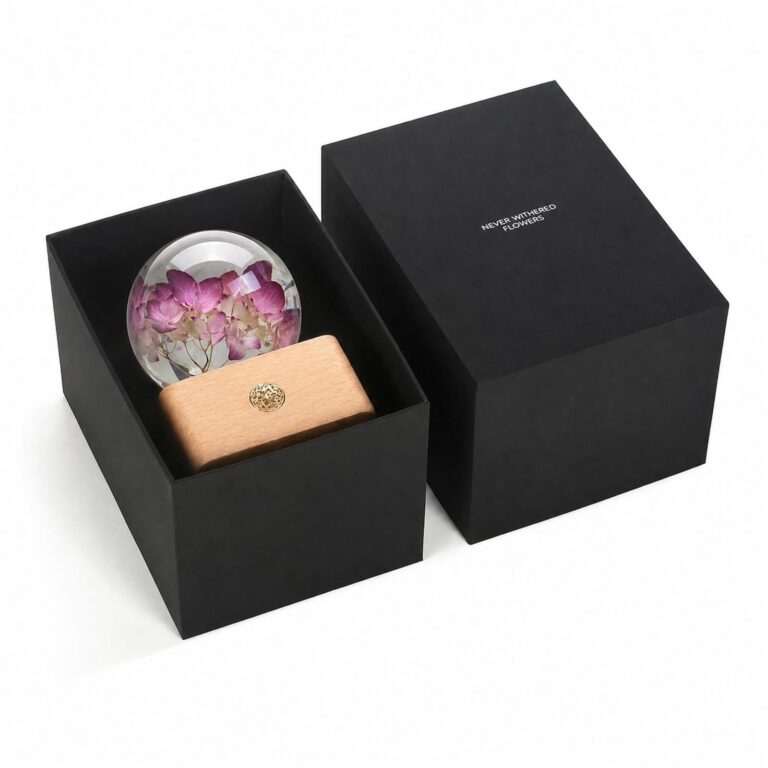 Preserved red hydrangea flower lamp shown with its gift box packaging