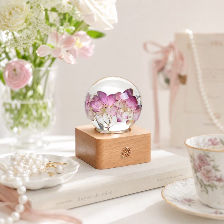 Red hydrangea preserved flower lamp chosen as a romantic anniversary gift