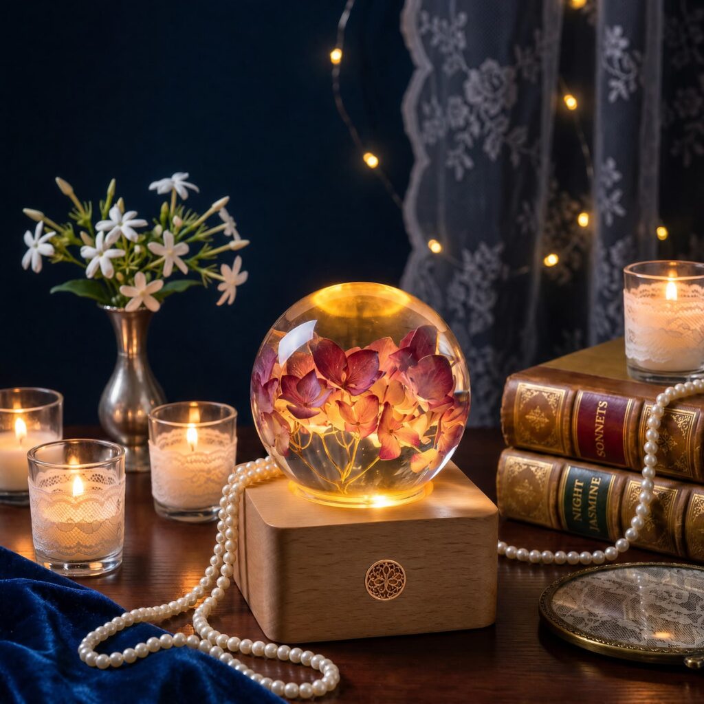 Red hydrangea resin night light glowing warmly beside candles and books for cozy evening ambiance