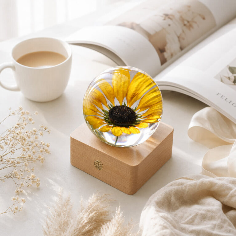 Preserved sunflower lamp styled as a bright cheerful gift for her