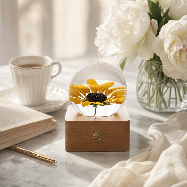Sunflower preserved flower lamp styled as a friendship and birthday gift with warm lifestyle setting