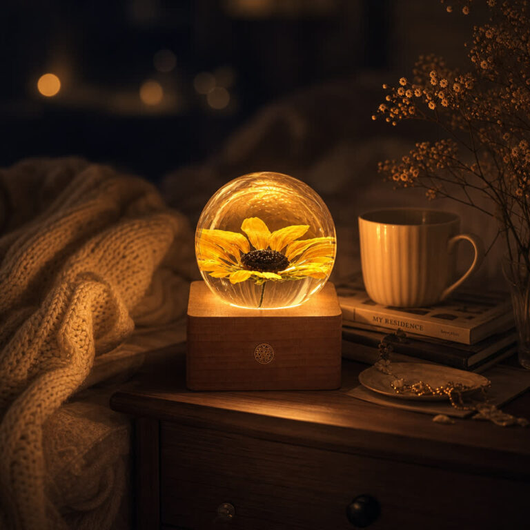 Sunflower preserved flower night light glowing warmly in a cozy bedroom scene with soft evening ambience