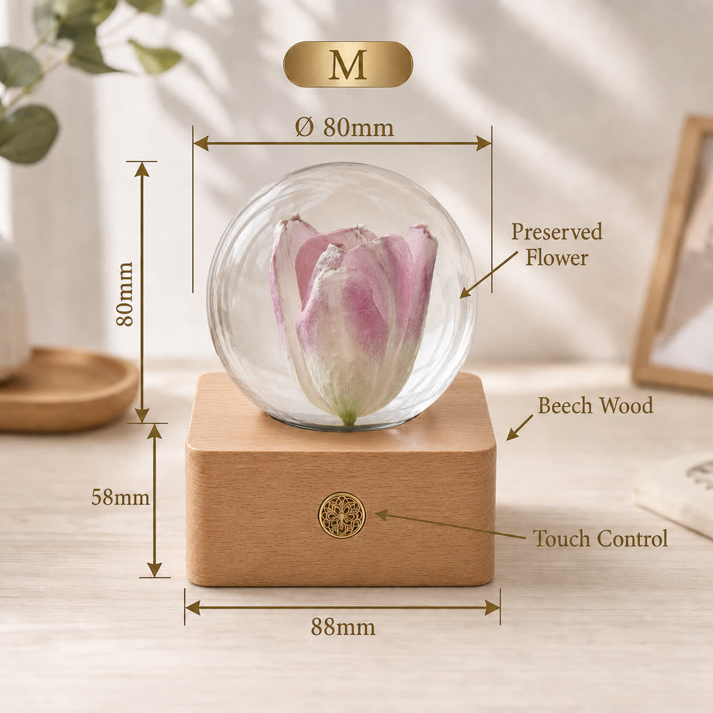 Size chart for tulip lamp showing the 80mm resin sphere, wooden base and touch control details