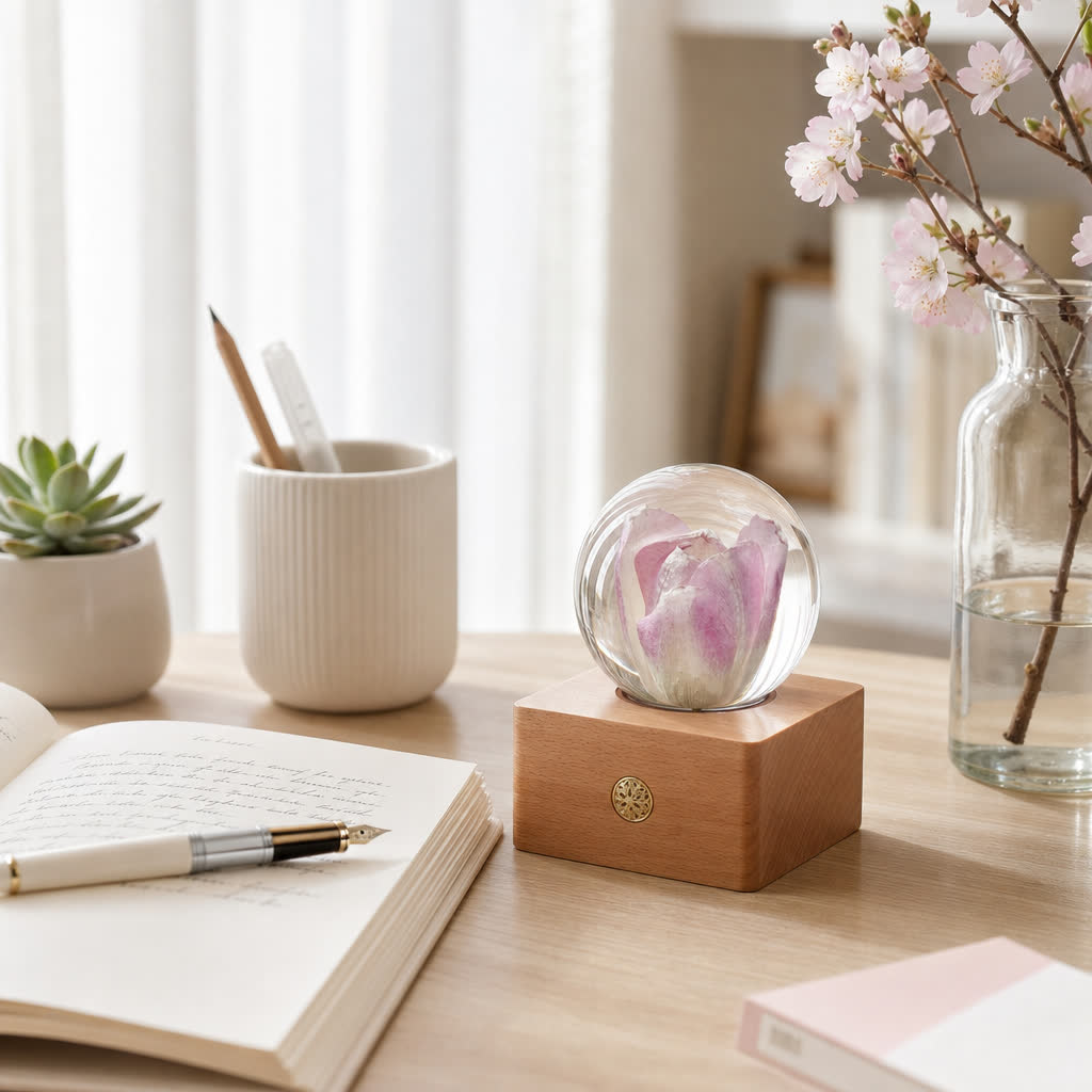Tulip resin sphere night light styled on a cozy desk as elegant home decor