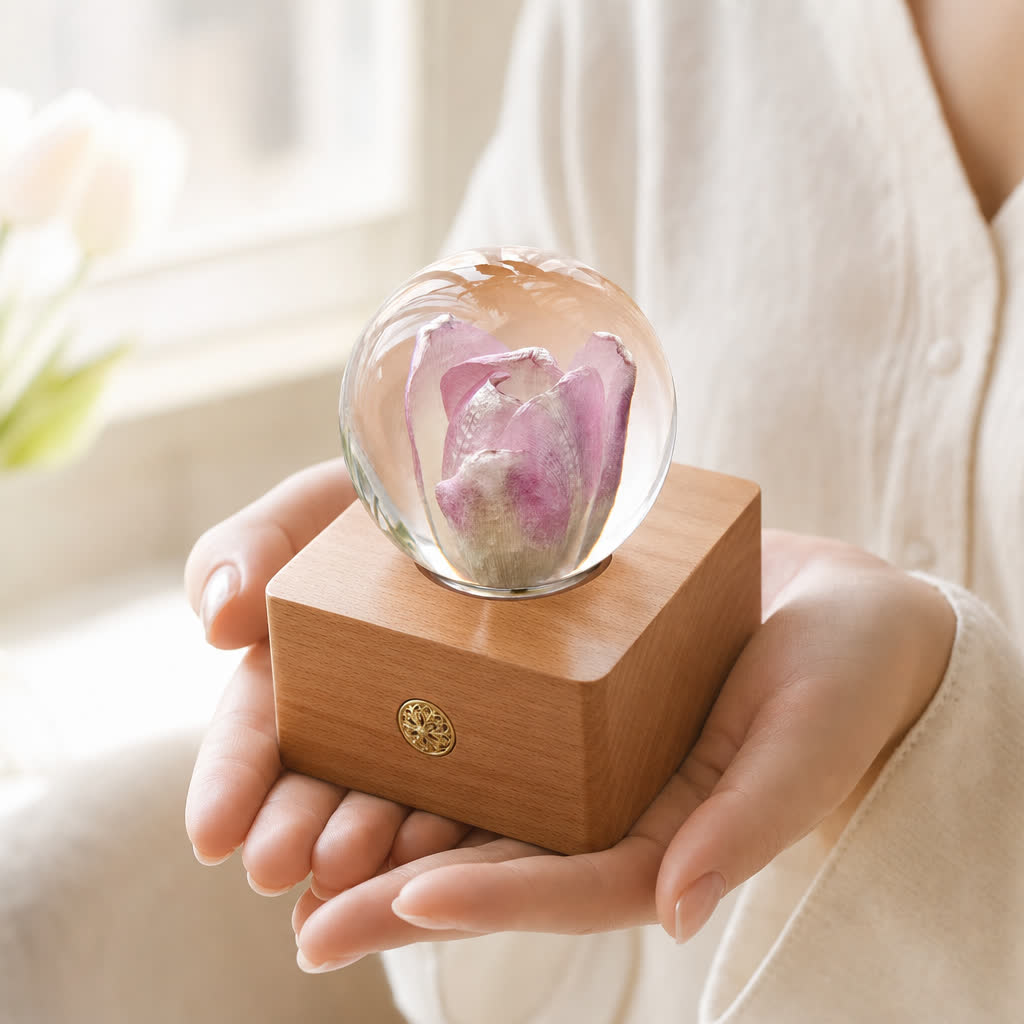 Hands holding a tulip preserved flower lamp to show its compact 80mm giftable size