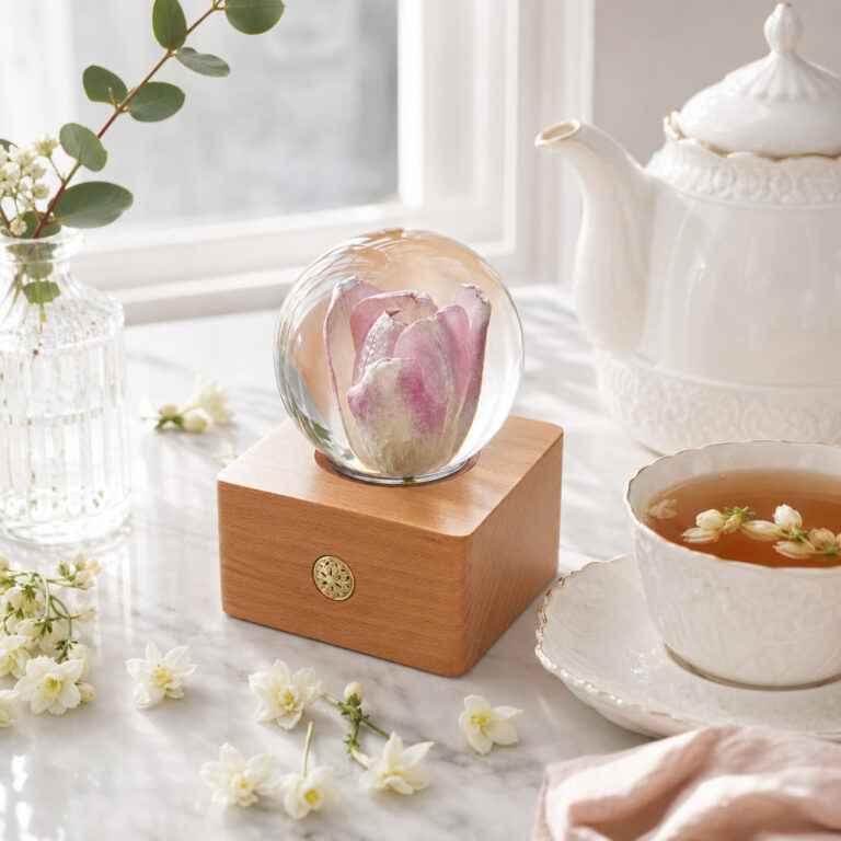 Preserved tulip lamp on a tea table, ready to be given as a gift
