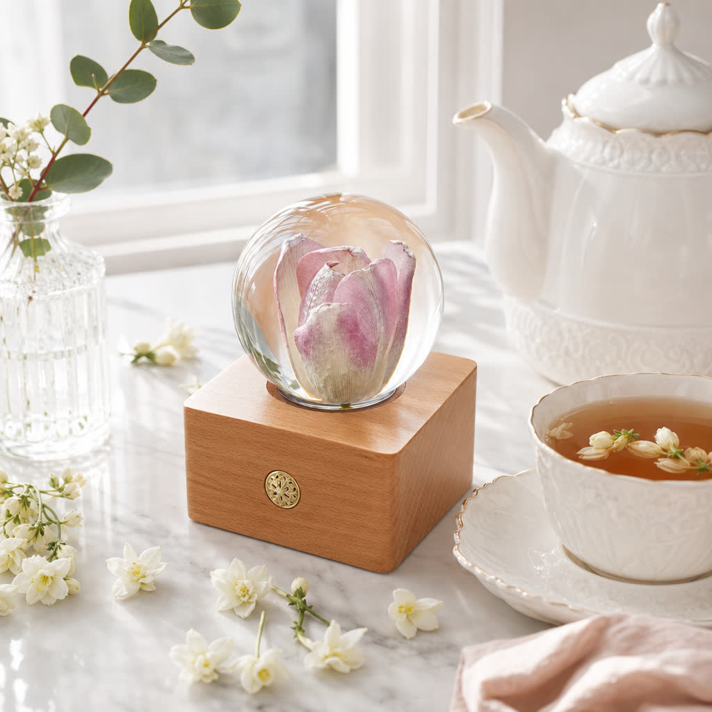 Tulip preserved flower lamp styled in a soft tea table scene as a romantic gift for her