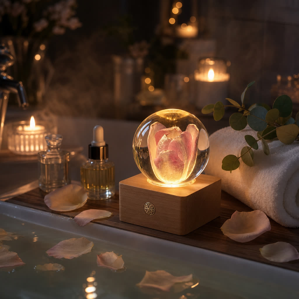 Tulip flower night light glowing warmly at night beside candles for cozy bedside ambience