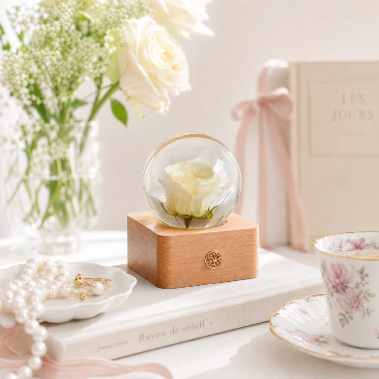 A white rose preserved flower lamp on a vanity table