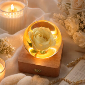 White rose preserved flower lamp glowing warmly in a romantic bedroom scene with candles and soft floral decor