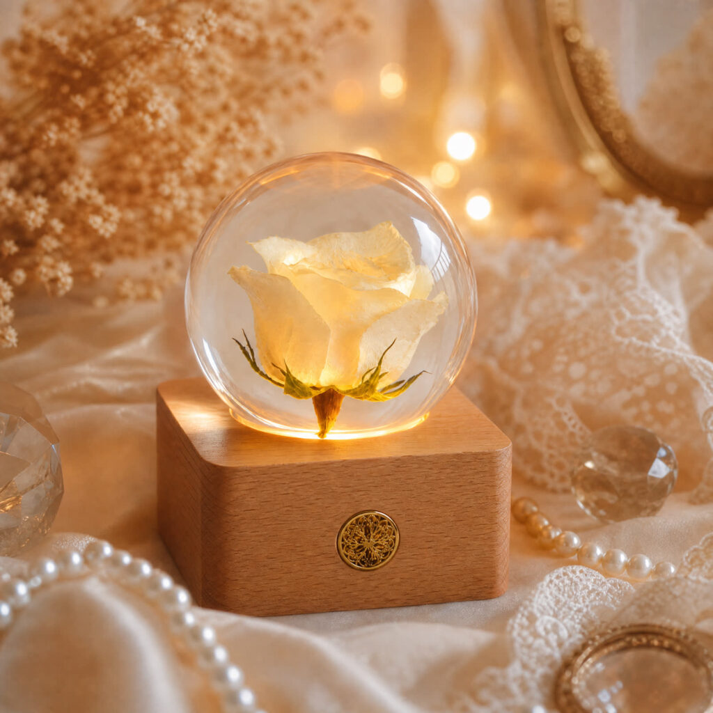 White rose resin sphere night light glowing with warm LED light beside pearls, lace and candle ambience
