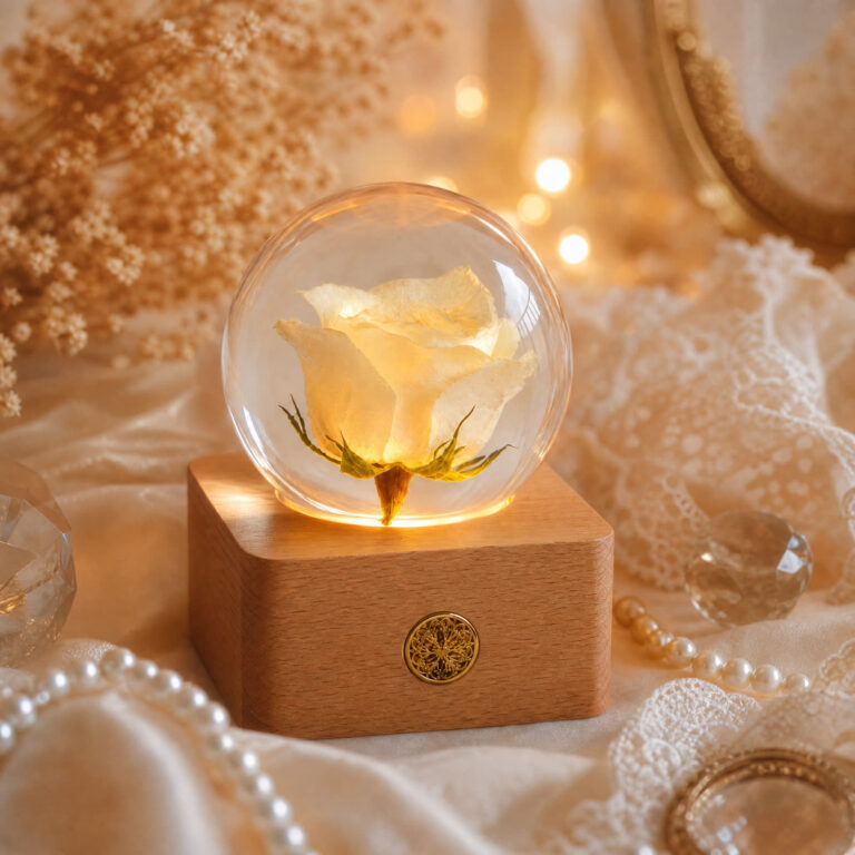 White preserved rose lamp glowing beside a candle in a dim room