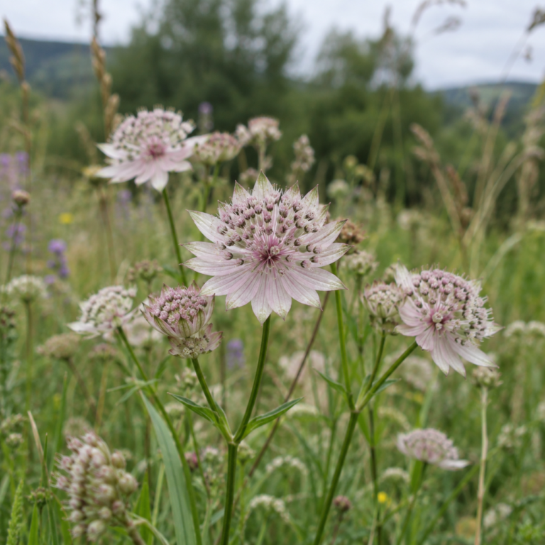 Real astrantia flowers growing in a summer wildflower meadow