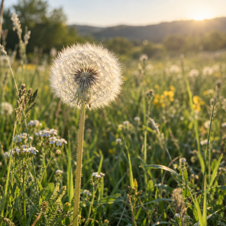 Dandelion seed head growing in a wild meadow