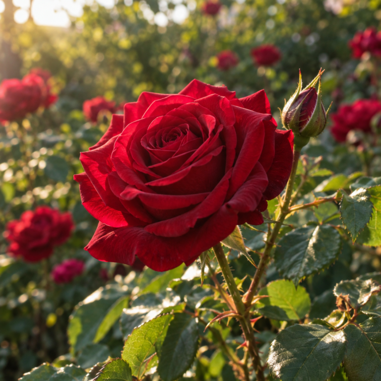 Deep red rose blooming naturally on a garden rose bush