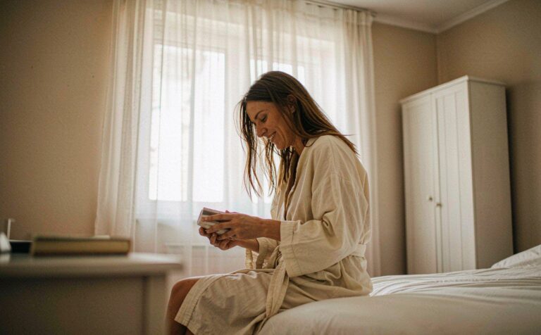 A woman relaxing on her bed in the evening, smiling as she opens a small gift