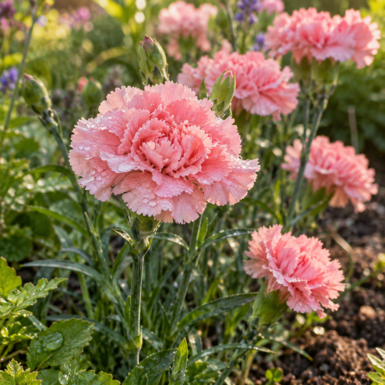 Pink carnations growing in a sunlit garden border