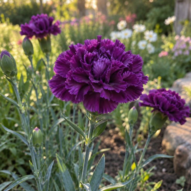 Purple carnation growing in a cottage garden flower bed