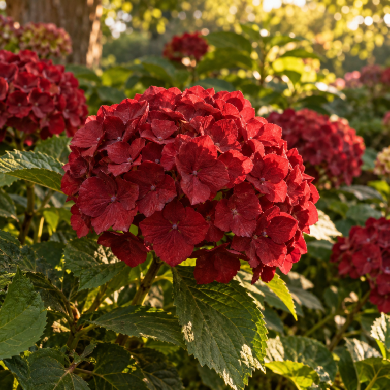 Red hydrangea flowers growing on a sunlit garden shrub