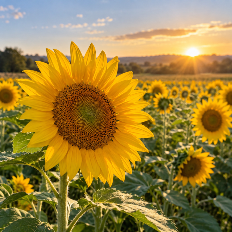 Sunflower growing in a golden outdoor flower field