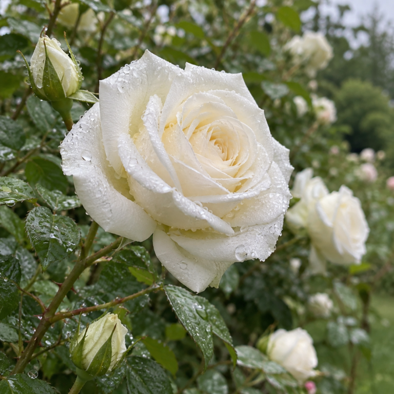 White rose blooming naturally on a garden rose bush